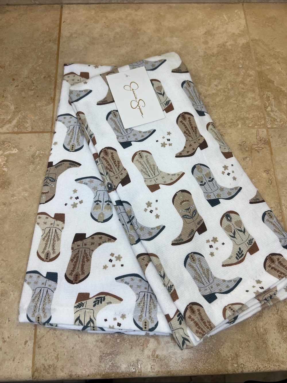 Jessica Simpson White Kitchen Towels with Brown & Blue Cowboy Boot Print
